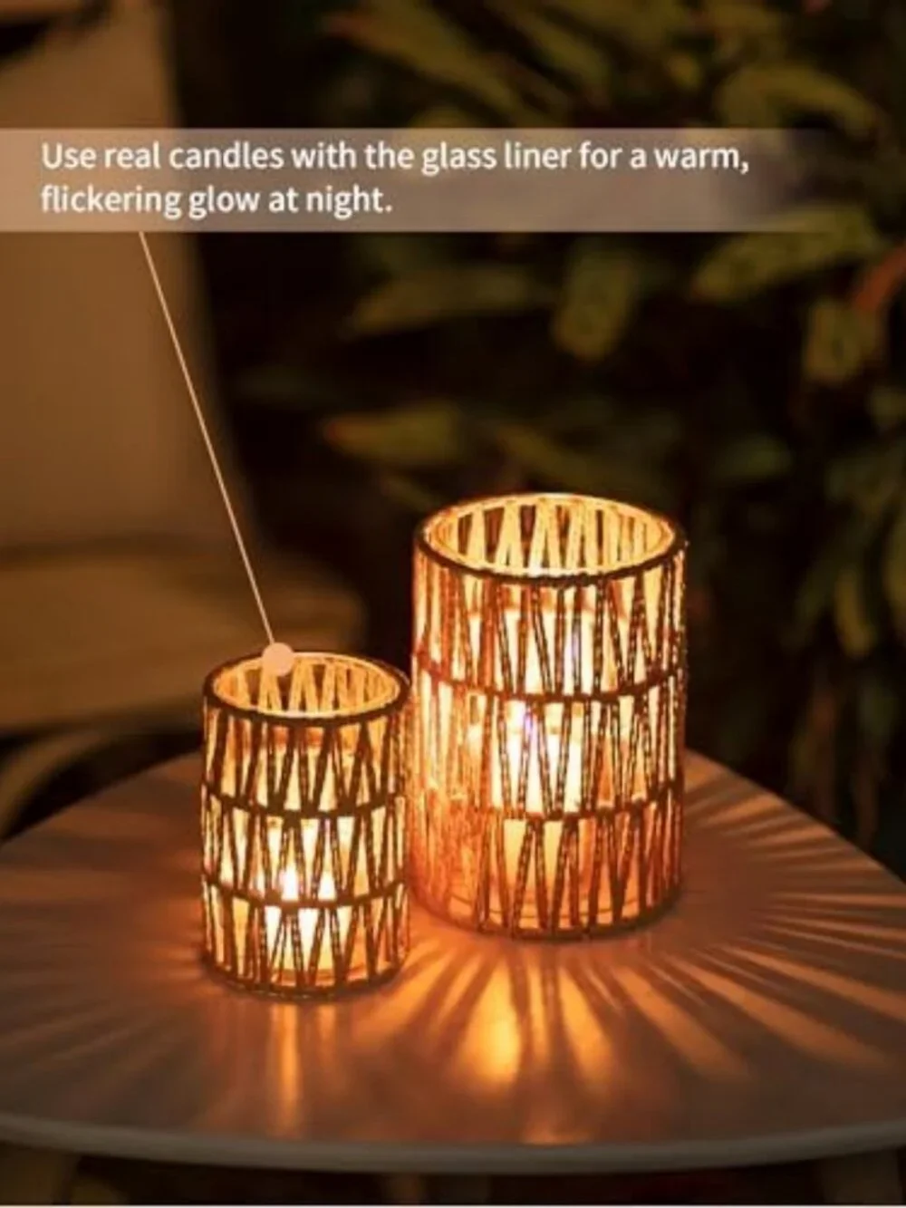 Set of 2 Boho Rattan Lanterns - Stylish Pillar Candle Holders with Glass